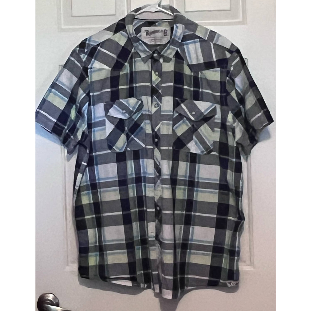 Roebuck & Co. Men's Blue Yellow Gray Short Sleeve Pearl Snap Shirt Size XXL‎